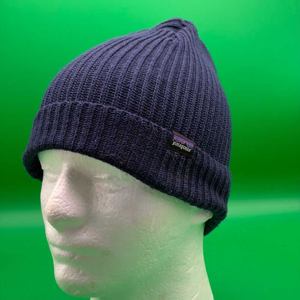 Patagonia Fishermans Rolled Beanie Navy Blue OS Recycled Ribbed Knit Winter Hat